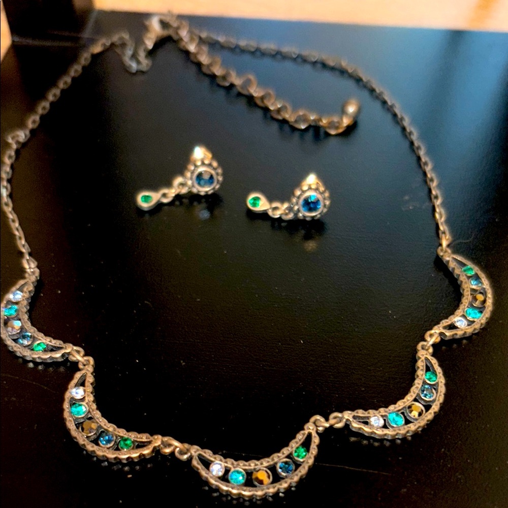 Vintage Blue and Green Necklace and Earring Set 
Victorian style
